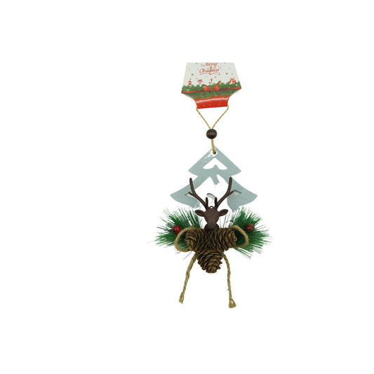 Ornament De Brad Cerb Cu Pom De Craciun, Decoratiune Suspendata Pentru Sarbatori, Lemn, 13 x 16 cm, Multicolor