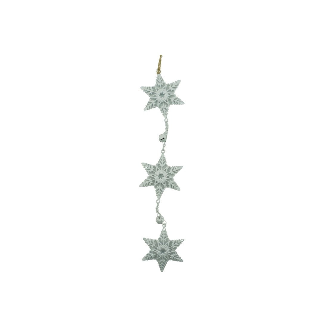Decoratiune Brad Craciun, Set 3 Fulgi de Nea Suspendati, Stil Rustic cu Agatatoare, Lemn si Metal, Alb si Multicolor, 30 cm