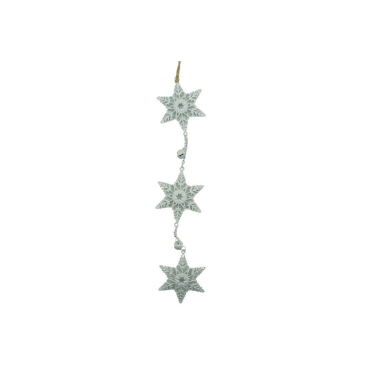 Decoratiune Brad Craciun, Set 3 Fulgi de Nea Suspendati, Stil Rustic cu Agatatoare, Lemn si Metal, Alb si Multicolor, 30 cm