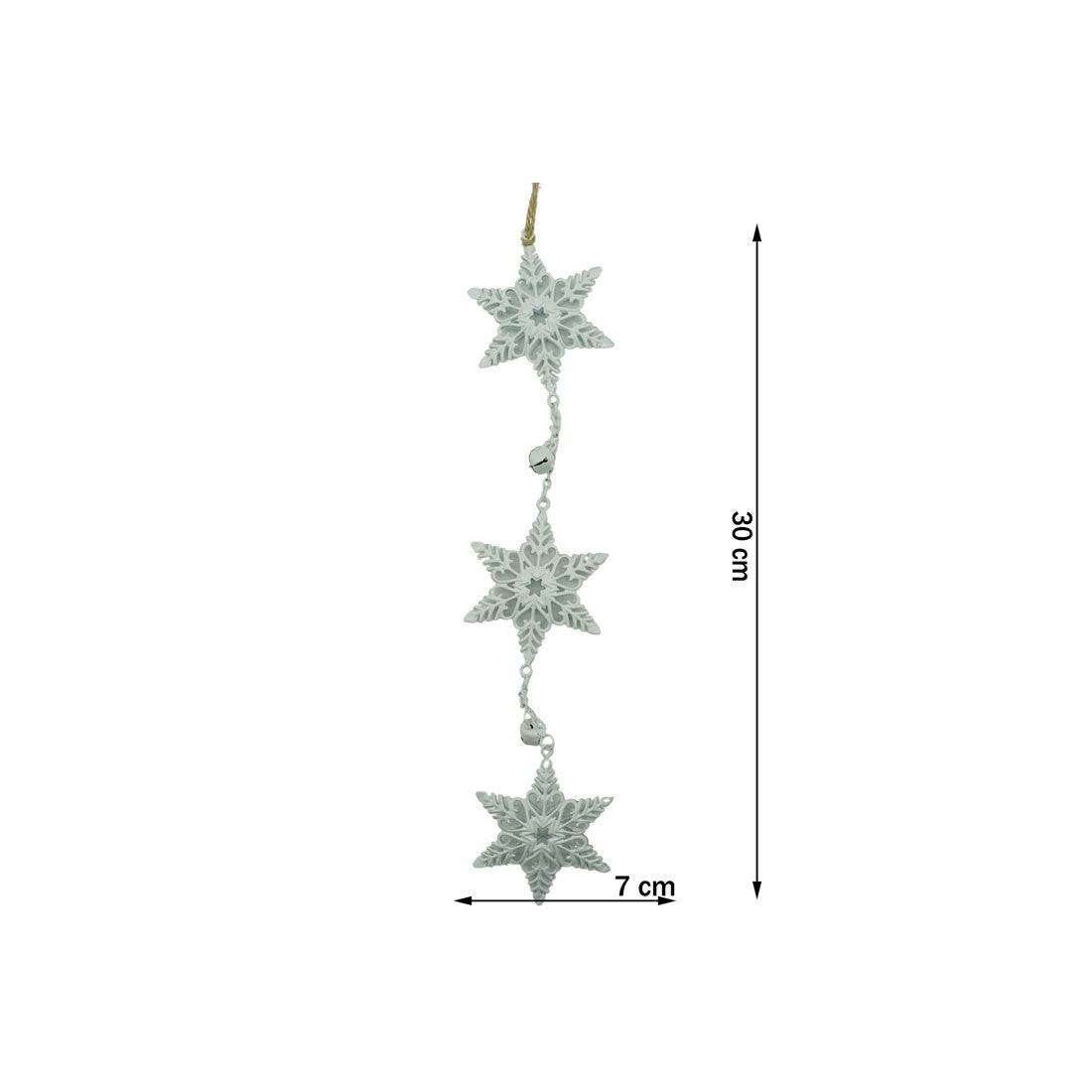 Decoratiune Brad Craciun, Set 3 Fulgi de Nea Suspendati, Stil Rustic cu Agatatoare, Lemn si Metal, Alb si Multicolor, 30 cm