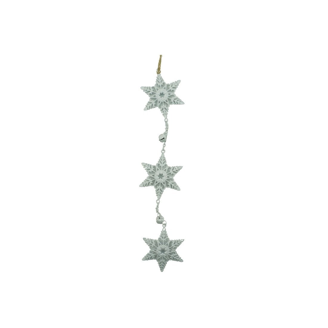 Decoratiune Brad Craciun, Set 3 Fulgi de Nea Suspendati, Stil Rustic cu Agatatoare, Lemn si Metal, Alb si Multicolor, 30 cm