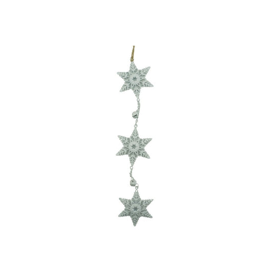 Decoratiune Brad Craciun, Set 3 Fulgi de Nea Suspendati, Stil Rustic cu Agatatoare, Lemn si Metal, Alb si Multicolor, 30 cm