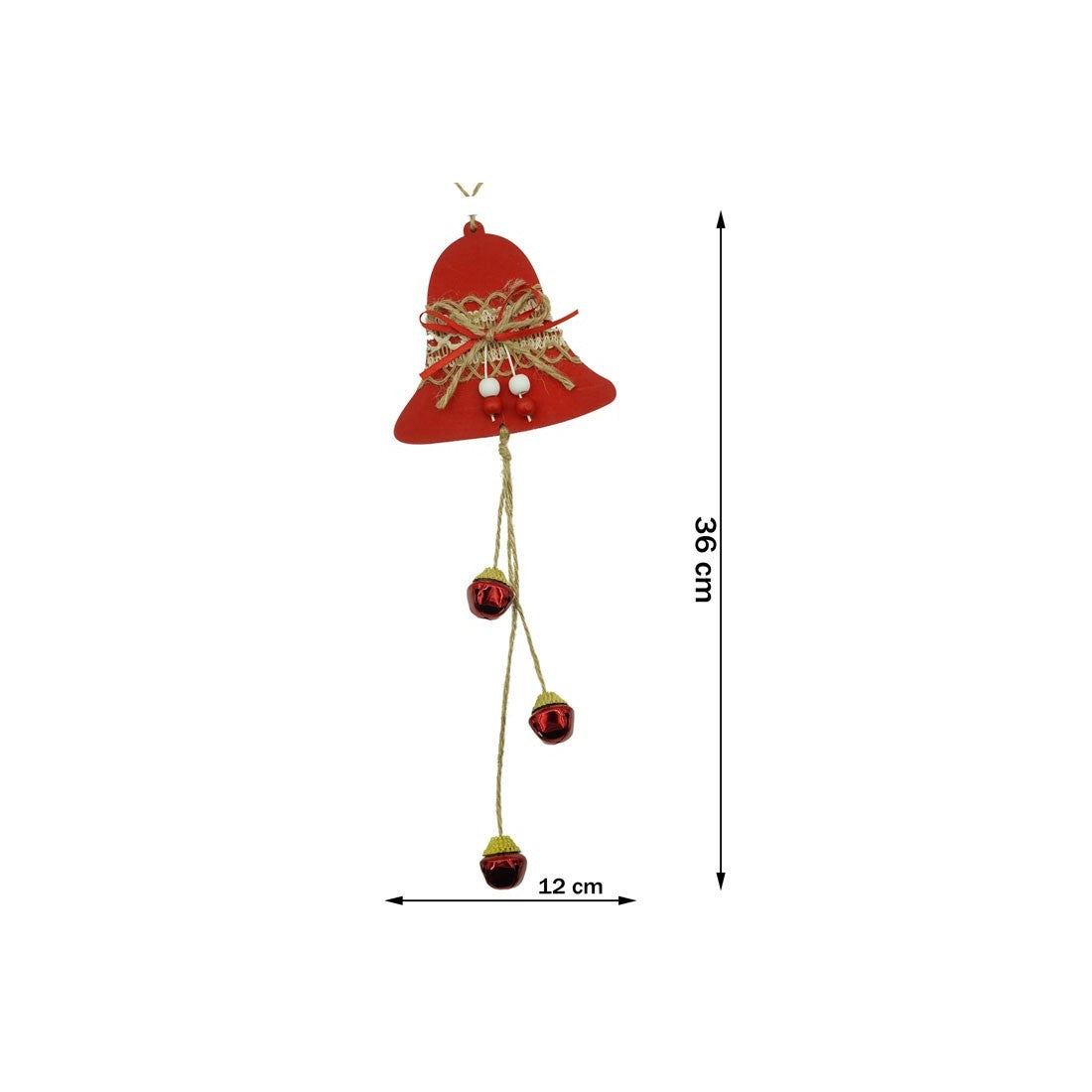 Decoratiune de Craciun Tip Clopotel, Ornament de Brad cu Agatatoare, Lemn si Textil, Rosu, 36 x 12 cm