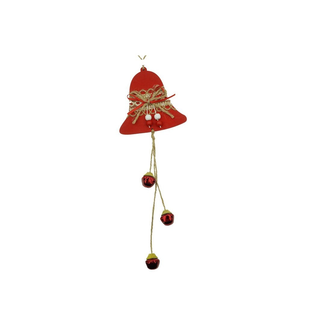 Decoratiune de Craciun Tip Clopotel, Ornament de Brad cu Agatatoare, Lemn si Textil, Rosu, 36 x 12 cm