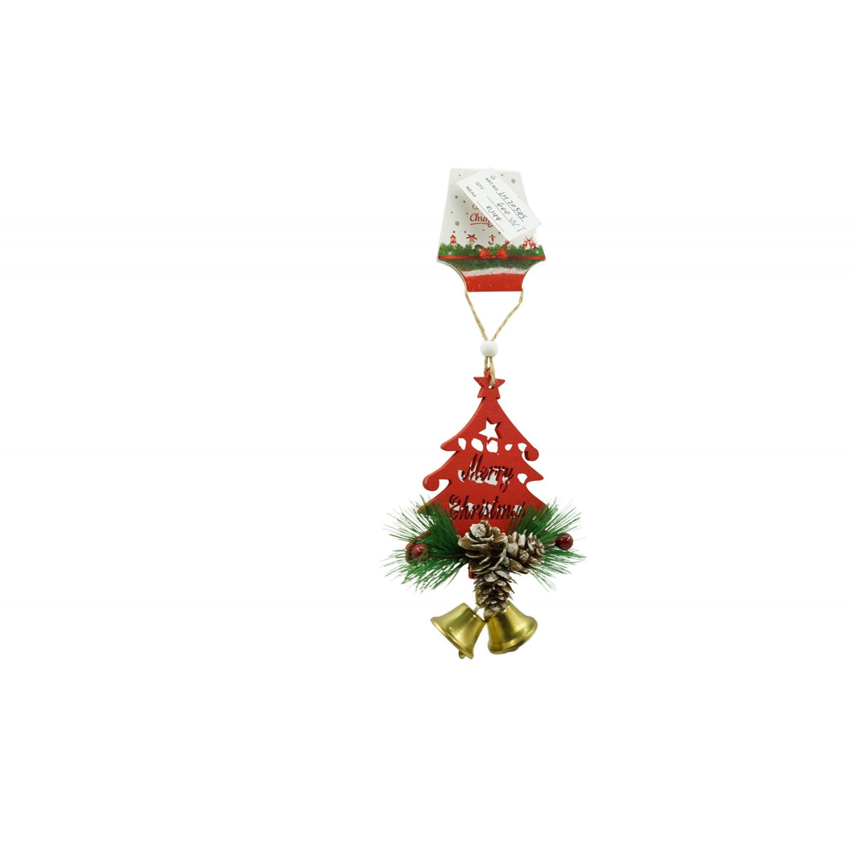 Ornament Brad Craciun sub Forma de Pom, Decoratiune Suspendabila cu Clopotel si Paiete, Lemn, Rosu, 36 x 9.5 cm