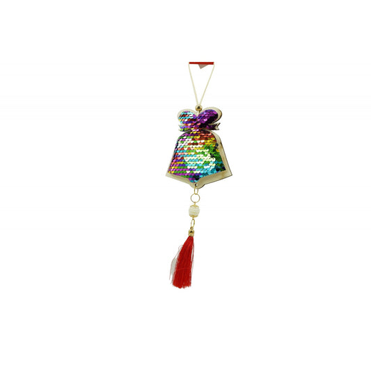 Ornament Brad Craciun Model Clopotel cu Paiete, Decoratiune Suspendabila cu Clopotel Metalic, Lemn, Multicolor, 36 x 9.5 cm