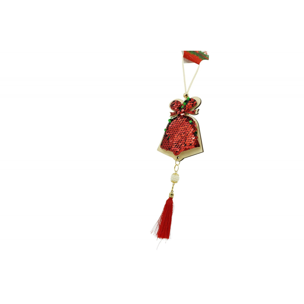 Ornament Brad Crăciun Tip Clopoțel, Decorațiune Suspendată cu Paiete și Clopoțel Metalic, Lemn, 36 x 9.5 cm, Roșu