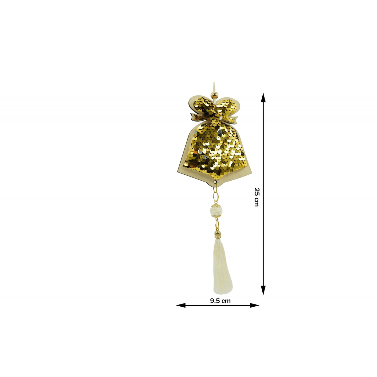 Ornament Brad Clopotel Cu Paiete, Decoratiune De Craciun Pentru Agatat, Lemn, Model 2, Auriu Si Rosu, 36 cm