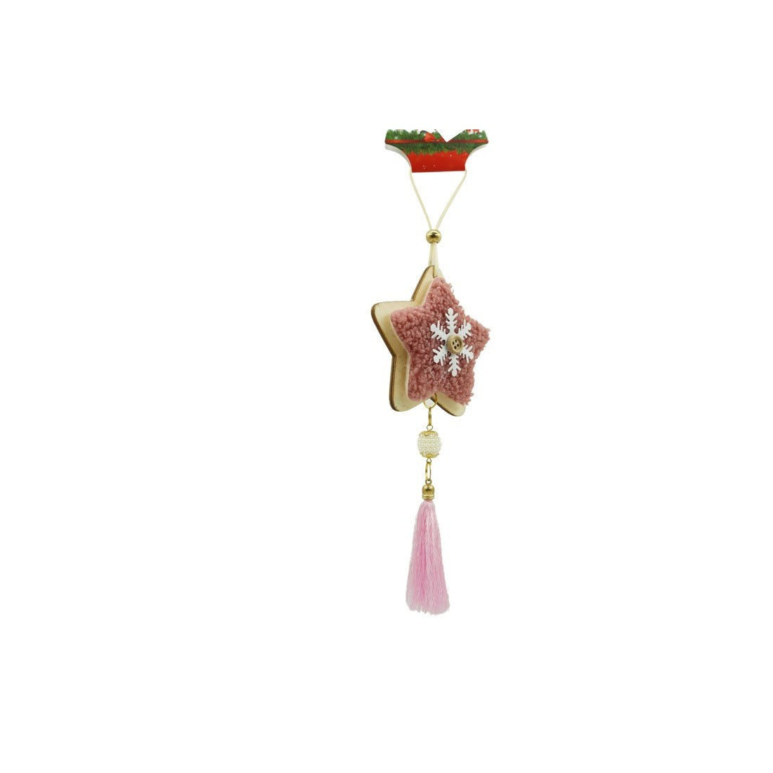Decoratiune Craciun Stea, Ornament de Brad Suspendabil, Stil Clasic, Lemn si Textil, 25 x 9.5 cm, Roz