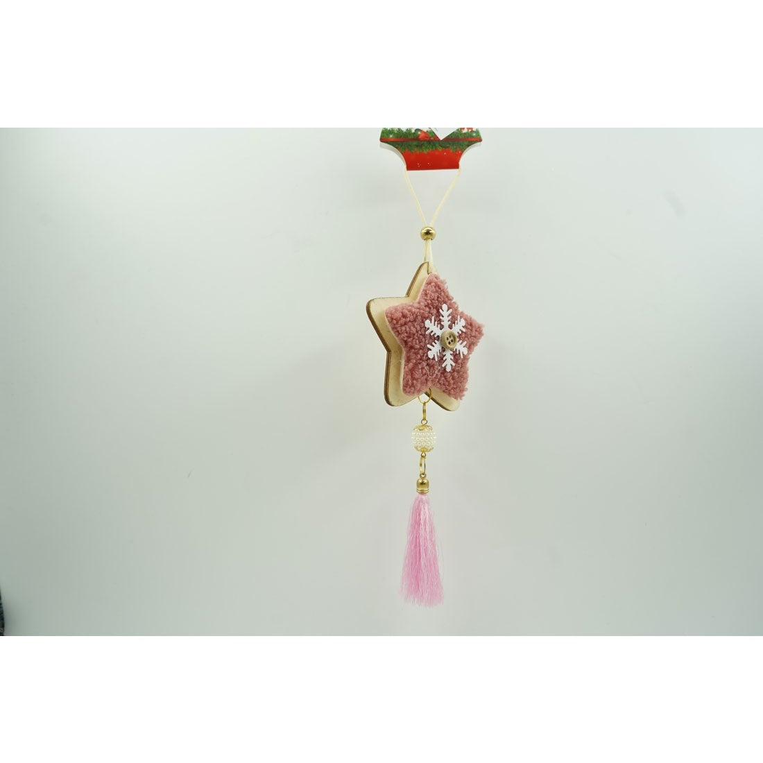Decoratiune Craciun Stea, Ornament de Brad Suspendabil, Stil Clasic, Lemn si Textil, 25 x 9.5 cm, Roz