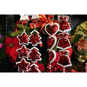 Ornament de Brad Clopotei cu Paiete, Decoratiune de Craciun Suspendata, Lemn si Metal, Rosu si Alb, 36 cm