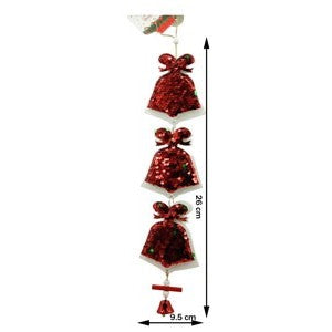 Ornament de Brad Clopotei cu Paiete, Decoratiune de Craciun Suspendata, Lemn si Metal, Rosu si Alb, 36 cm