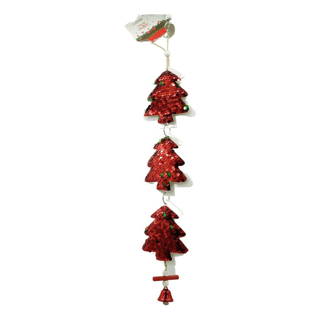 Ornament Craciun Trei Brazi cu Paiete, Decoratiune Suspendata cu Clopotel, Lemn, 36 x 9.5 cm, Alb si Rosu