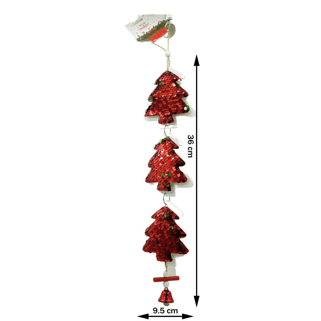 Ornament Craciun Trei Brazi cu Paiete, Decoratiune Suspendata cu Clopotel, Lemn, 36 x 9.5 cm, Alb si Rosu
