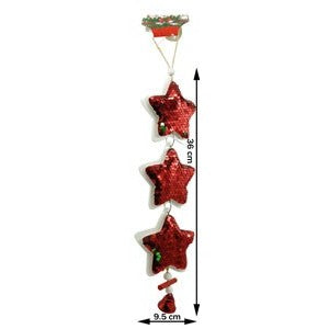 Ornament De Craciun Tip 3 Stele Cu Paiete Si Clopotel, Decoratiune De Agatat Pentru Brad, Lemn, 36 x 9.5 cm, Rosu Si Alb