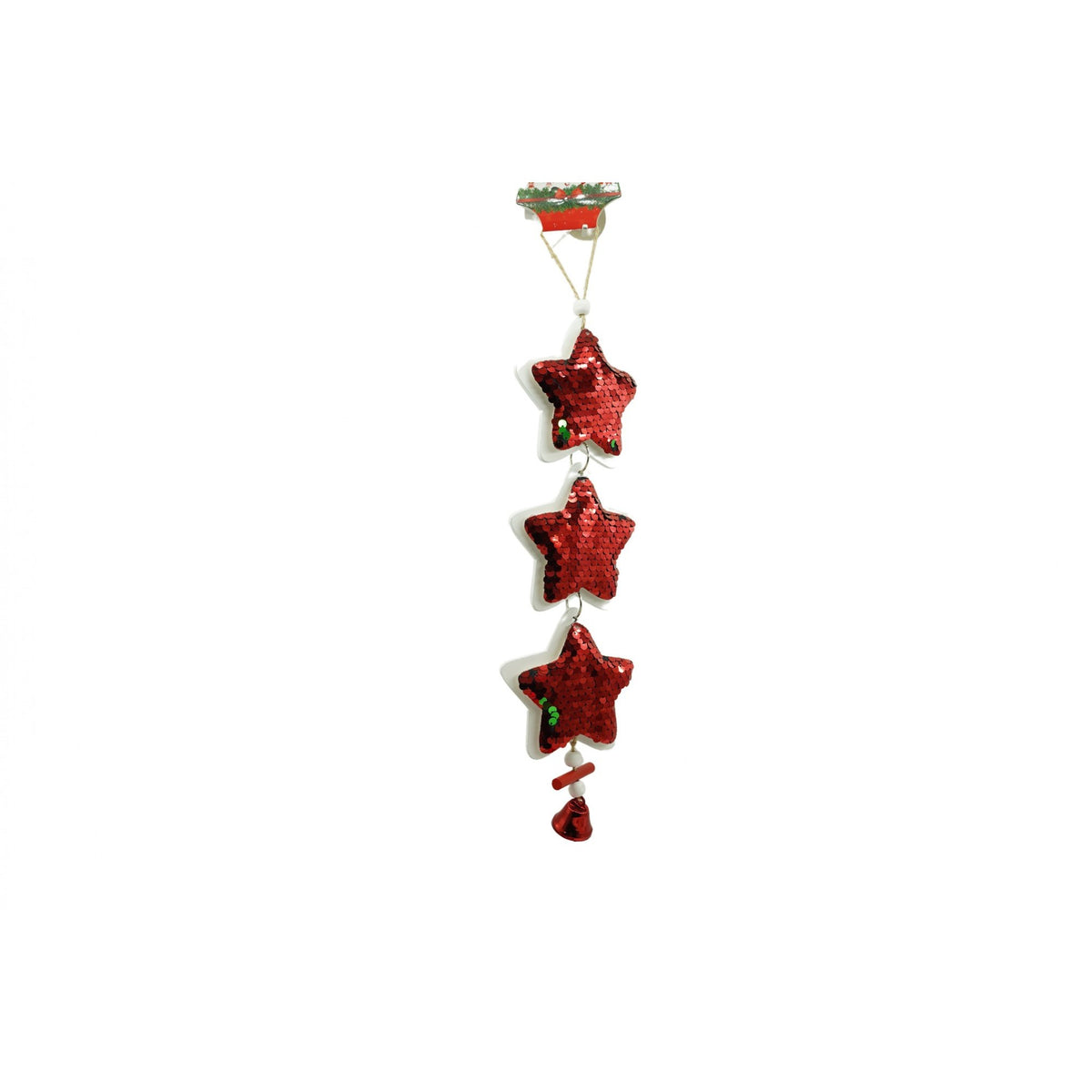 Ornament De Craciun Tip 3 Stele Cu Paiete Si Clopotel, Decoratiune De Agatat Pentru Brad, Lemn, 36 x 9.5 cm, Rosu Si Alb