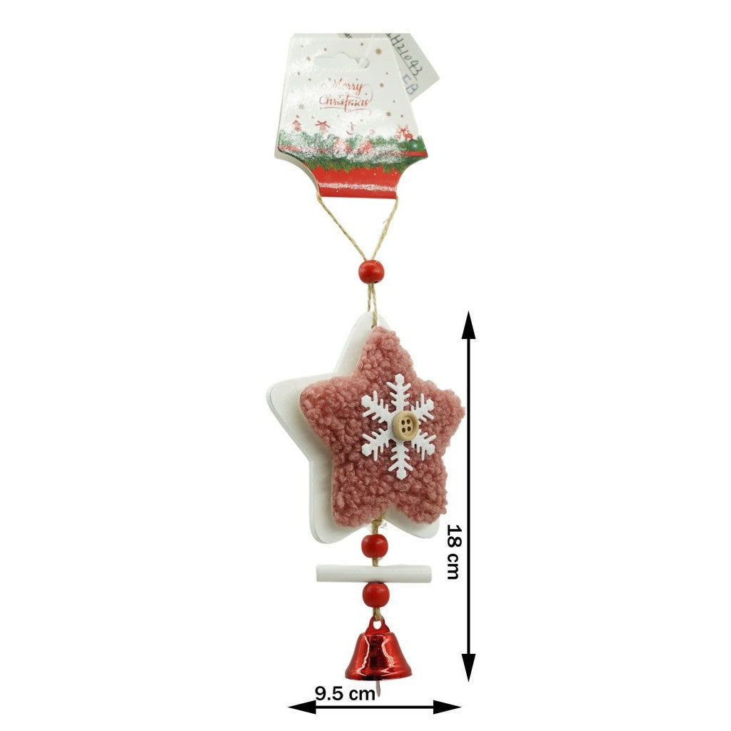 Ornament Brad Craciun sub Forma de Inima, Decoratiune Suspendata cu Broderie, Stea si Clopotel, Lemn si Textil, 18 x 9.5 cm, Roz/Alb
