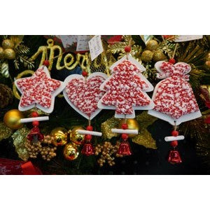 Ornament de Brad Clopotel, Decoratiune Craciun cu Broderie Tweed si Lemn, Pandantiv Agatabil, Alb si Roz, 18 x 9.5 cm