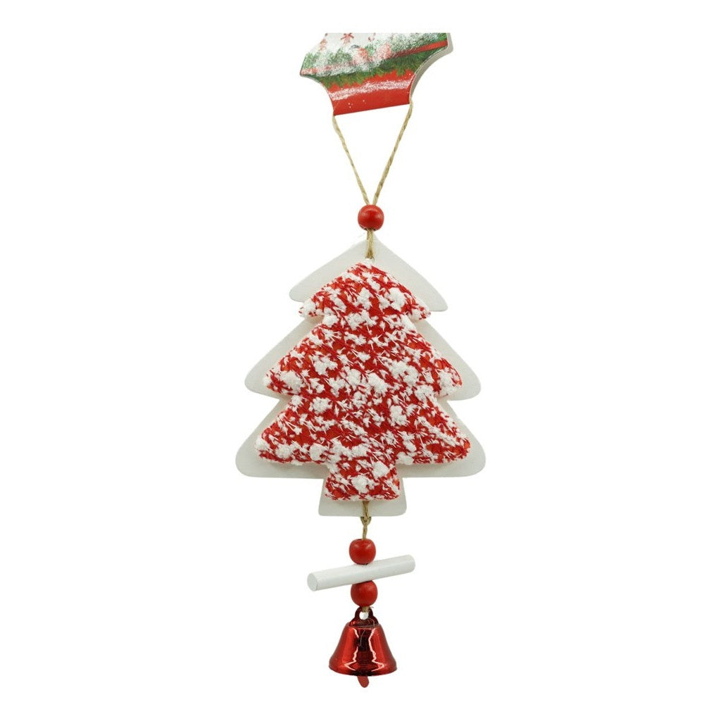 Ornament Brad Craciun Model Bradut, Decoratiune Suspendata cu Clopotel, Textil Tweed si Lemn, Alb si Rosu, 18 x 9.5 cm