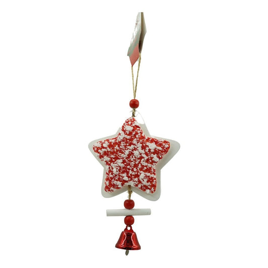 Decoratiune Craciun Stea Pentru Brad, Ornament Suspendabil cu Clopotel si Detalii Tweed, Lemn si Textil, 18 x 9.5 cm, Alb si Rosu