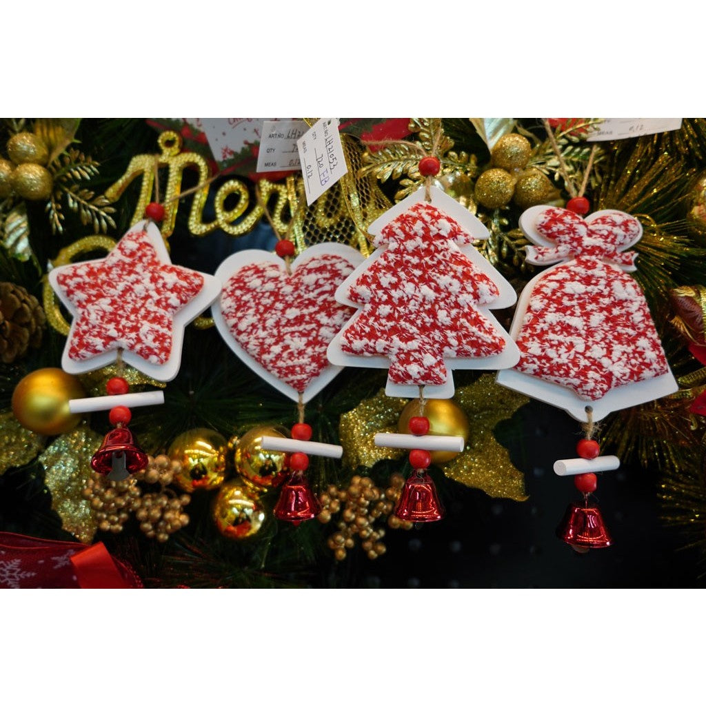 Decoratiune Craciun Stea Pentru Brad, Ornament Suspendabil cu Clopotel si Detalii Tweed, Lemn si Textil, 18 x 9.5 cm, Alb si Rosu