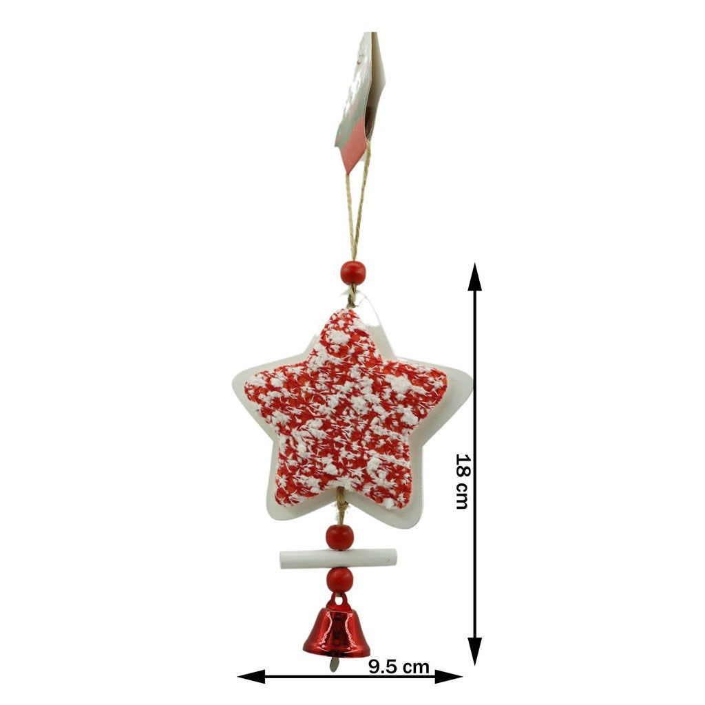 Decoratiune Craciun Stea Pentru Brad, Ornament Suspendabil cu Clopotel si Detalii Tweed, Lemn si Textil, 18 x 9.5 cm, Alb si Rosu