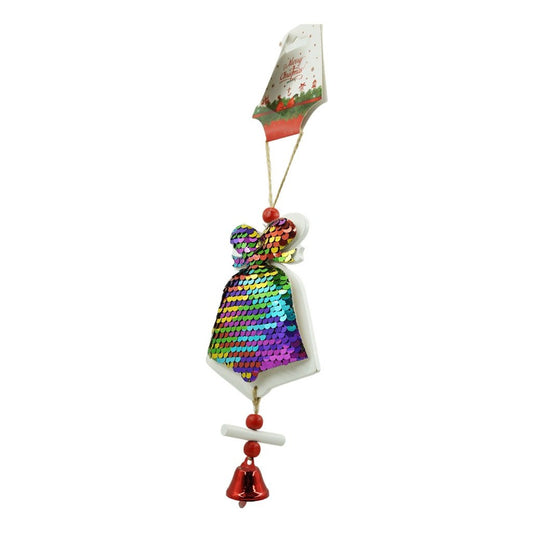 Ornament De Brad Clopotel, Decoratiune De Craciun Cu Paiete Si Clopotel Mic Aditional, Lemn, Multicolor, 18 cm