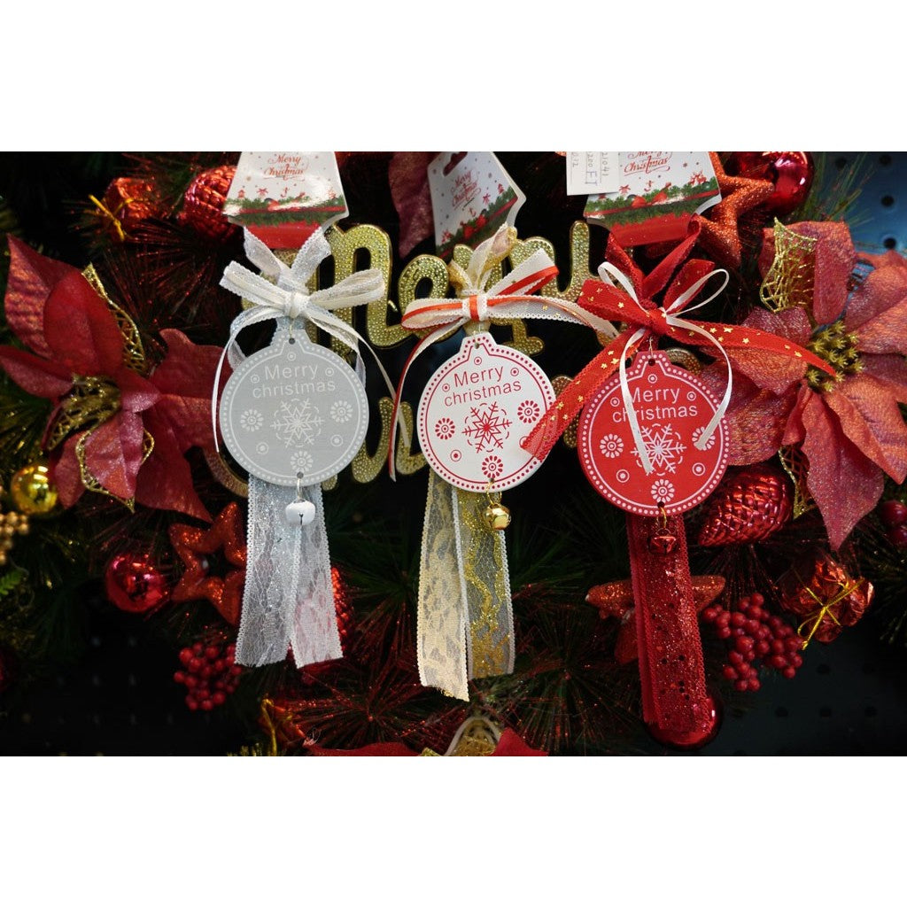 Ornament Brad Medalion Craciun, Decoratiune Suspendata cu Funda Textila si Clopotel, Lemn, Alb, 25 cm