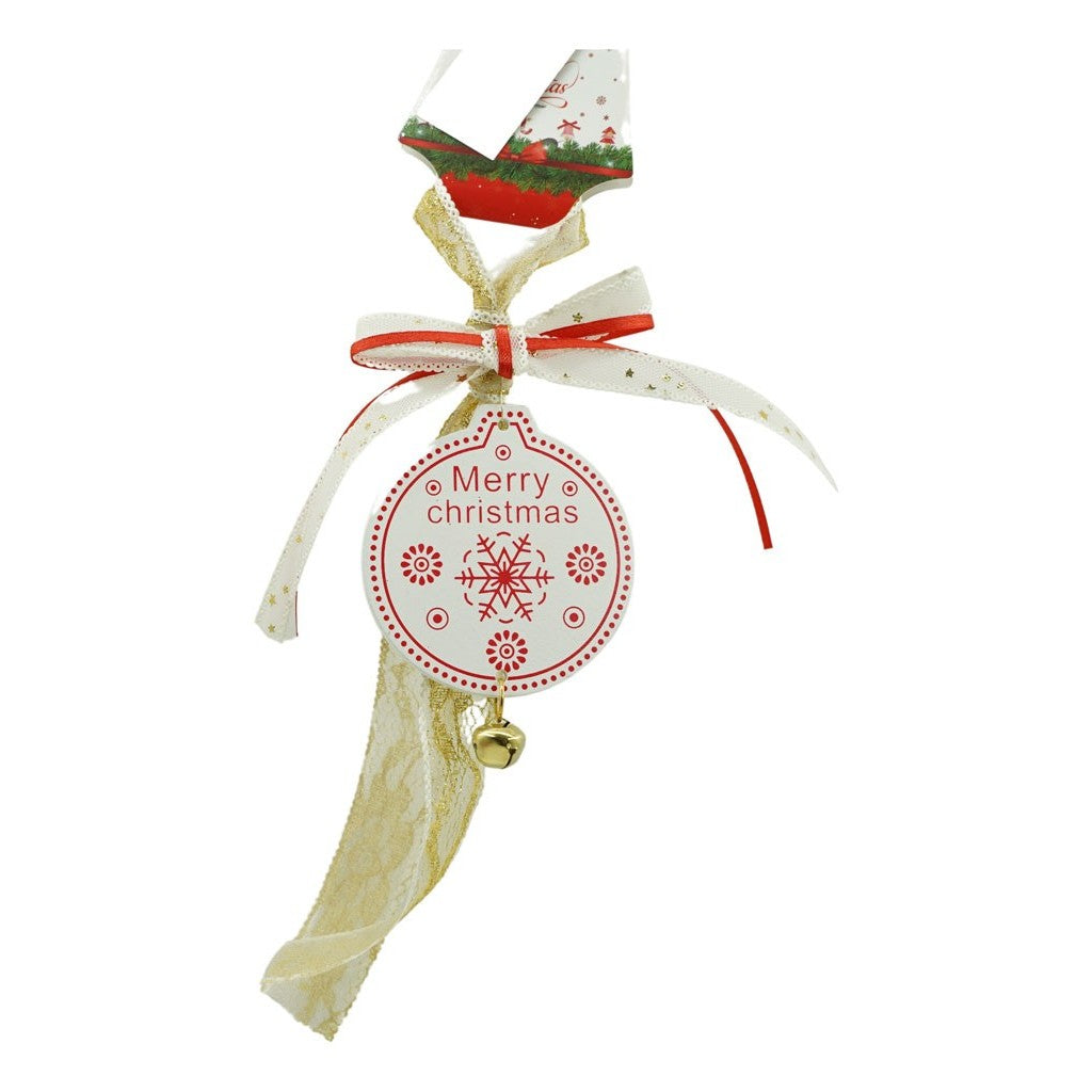 Ornament Brad Medalion Craciun, Decoratiune Suspendata cu Funda Textila si Clopotel, Lemn, Alb, 25 cm