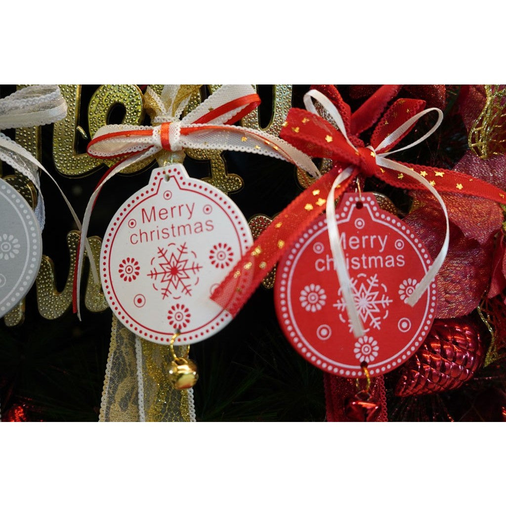 Ornament Brad Medalion Craciun, Decoratiune Suspendata cu Funda Textila si Clopotel, Lemn, Alb, 25 cm