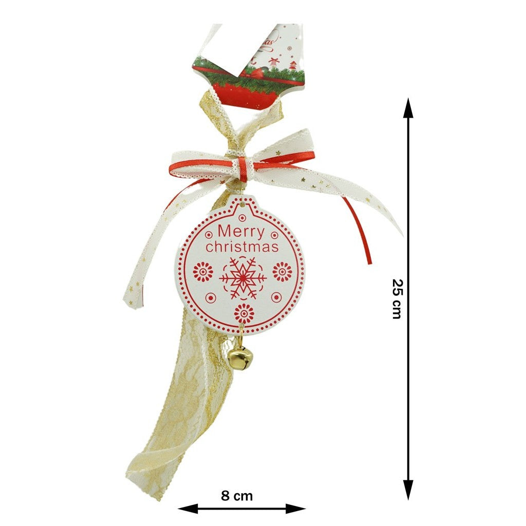 Ornament Brad Medalion Craciun, Decoratiune Suspendata cu Funda Textila si Clopotel, Lemn, Alb, 25 cm