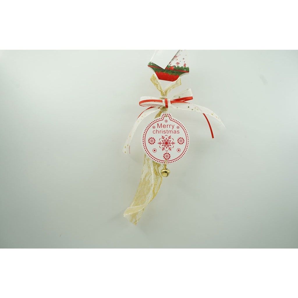 Ornament Brad Medalion Craciun, Decoratiune Suspendata cu Funda Textila si Clopotel, Lemn, Alb, 25 cm