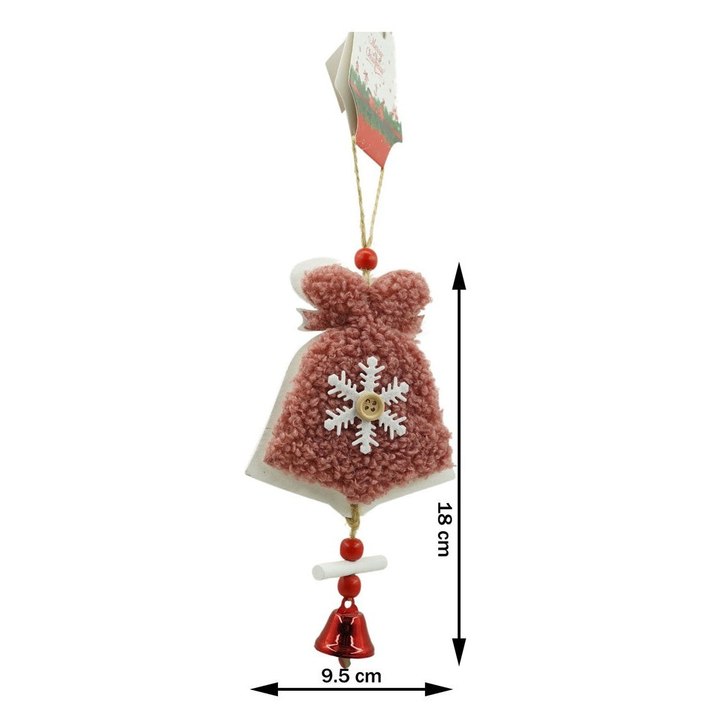 Decoratiune de Craciun Tip Clopotel cu Broderie, Ornament Suspendabil pentru Brad, Lemn si Textil, 18 x 9.5 cm, Roz cu Alb