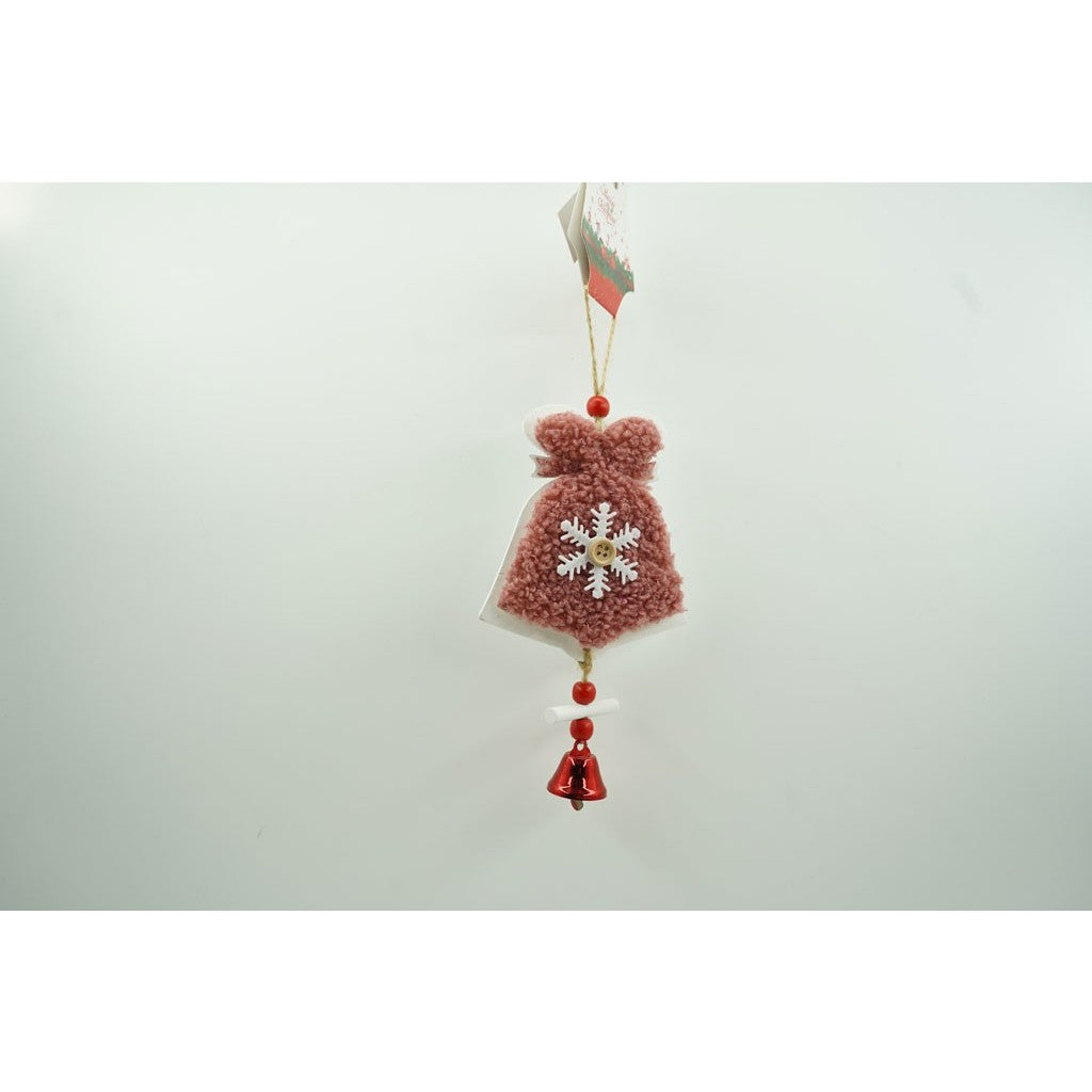 Decoratiune de Craciun Tip Clopotel cu Broderie, Ornament Suspendabil pentru Brad, Lemn si Textil, 18 x 9.5 cm, Roz cu Alb