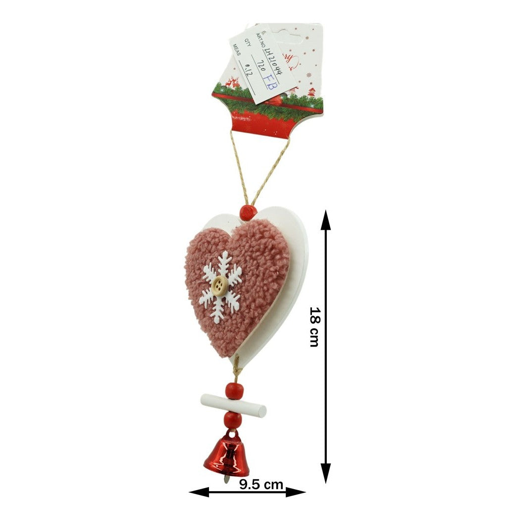 Ornament Brad Inima, Decoratiune Craciun Cu Broderie Si Clopotel, Lemn Si Textil, Roz Cu Alb, 18 x 9.5 cm