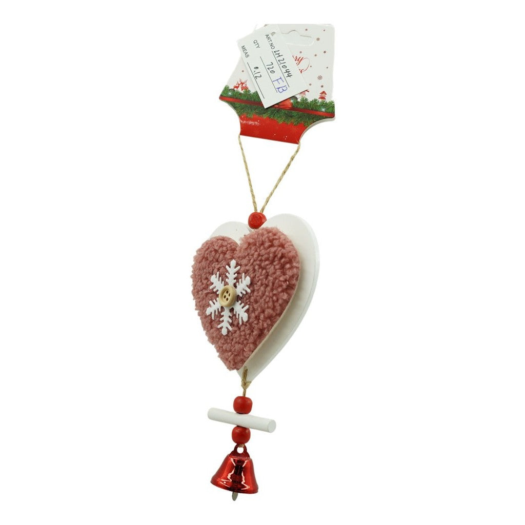 Ornament Brad Inima, Decoratiune Craciun Cu Broderie Si Clopotel, Lemn Si Textil, Roz Cu Alb, 18 x 9.5 cm