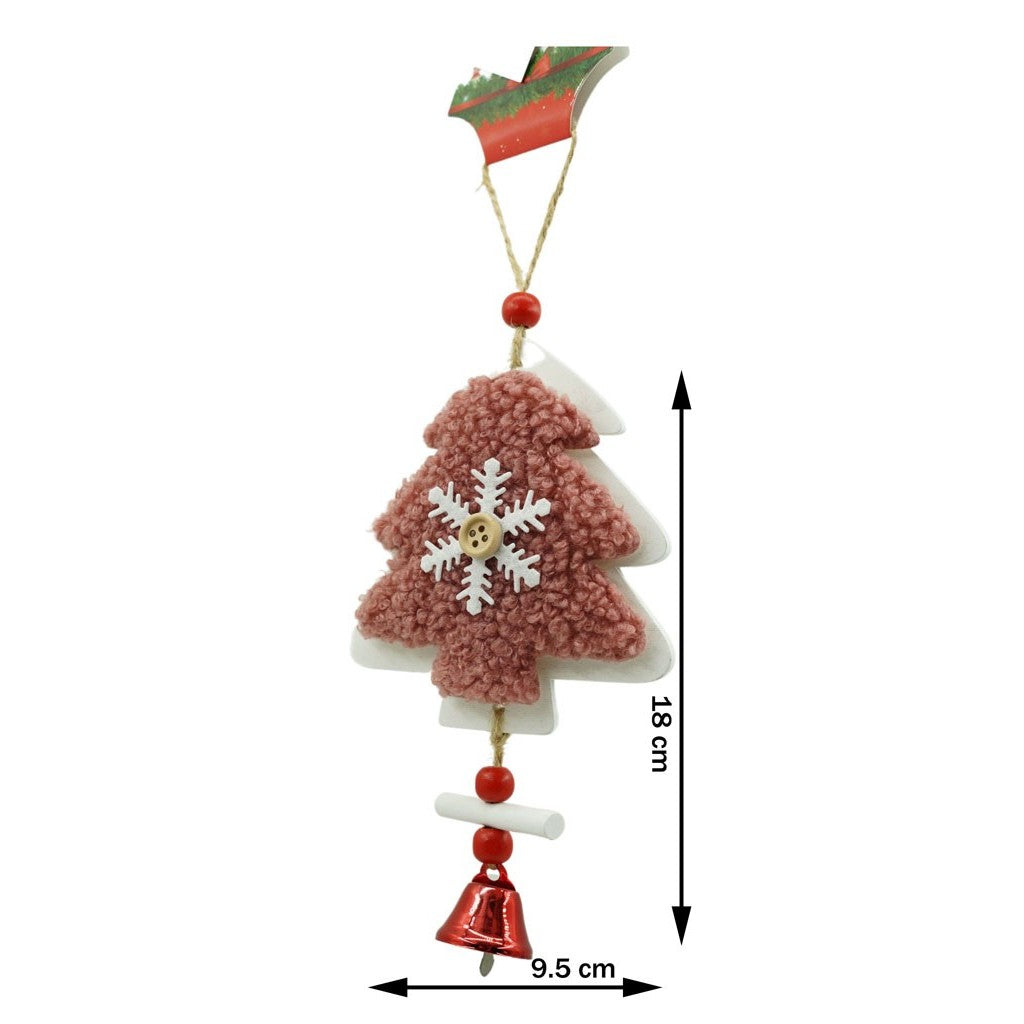 Ornament Brad Craciun cu Broderie si Clopotel, Decoratiune Suspendabila, Lemn si Textil, Roz si Alb, 18 x 9.5 cm