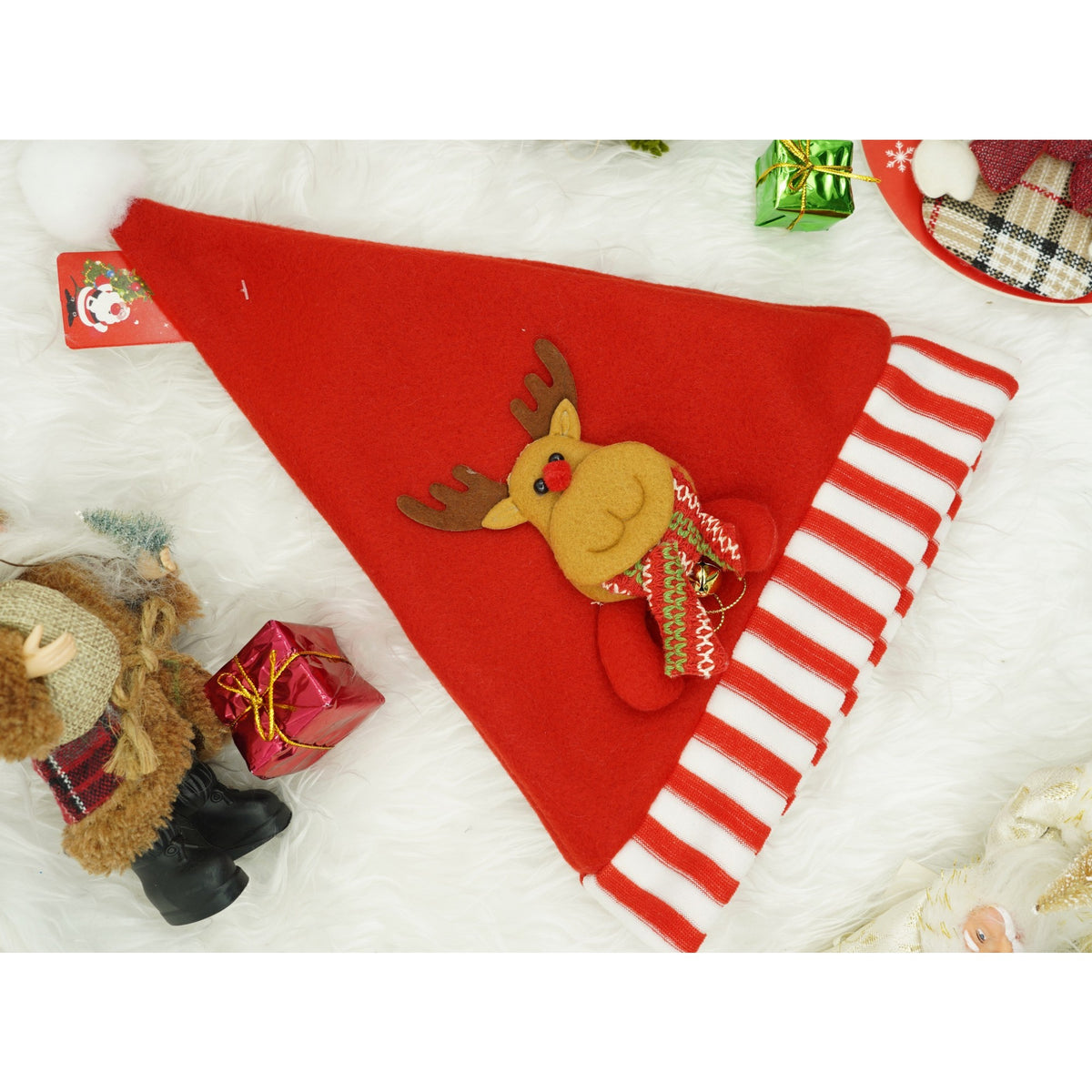 Caciulita de Mos Craciun cu Model de Ren, Accesoriu Sarbatori, Material Textil Moale, Rosu, Marime Universala