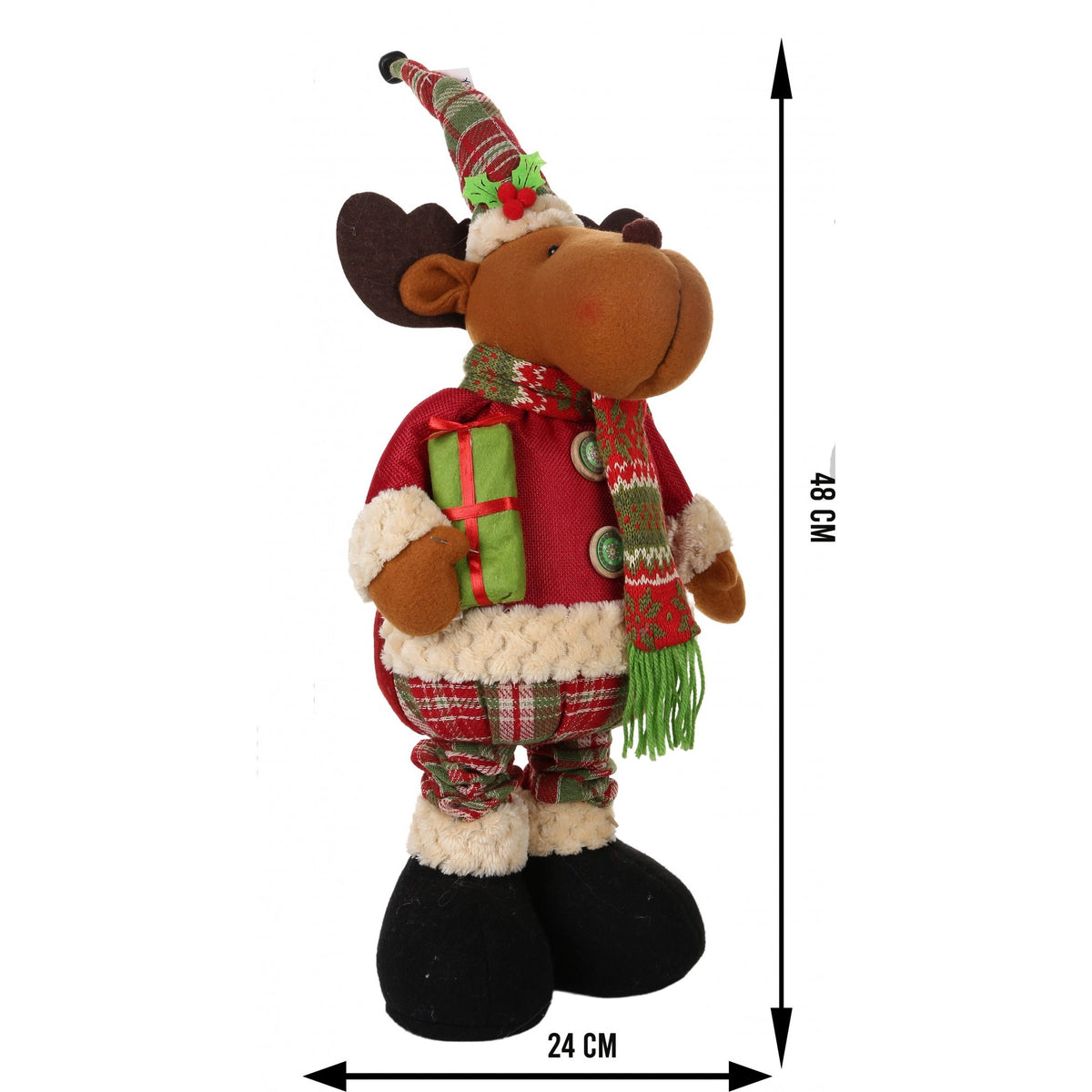 Ren Decorativ Crăciun, Figurină Telescopică cu Picioare Extensibile 48-68 cm, Lână și Pluș, Maro/Alb, 24x68 cm