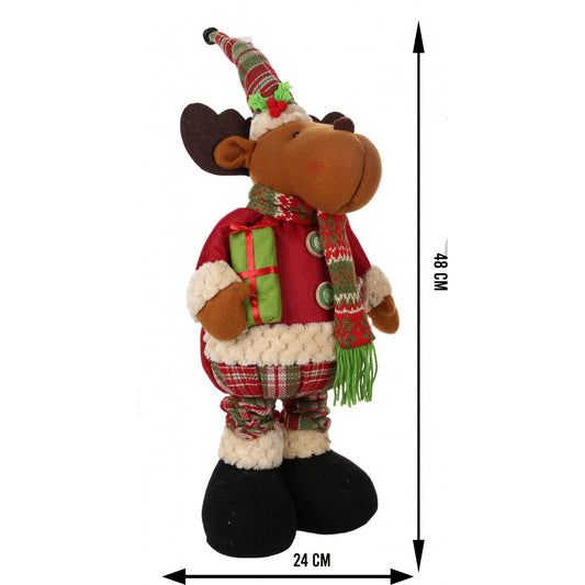 Ren Decorativ Crăciun, Figurină Telescopică cu Picioare Extensibile 48-68 cm, Lână și Pluș, Maro/Alb, 24x68 cm