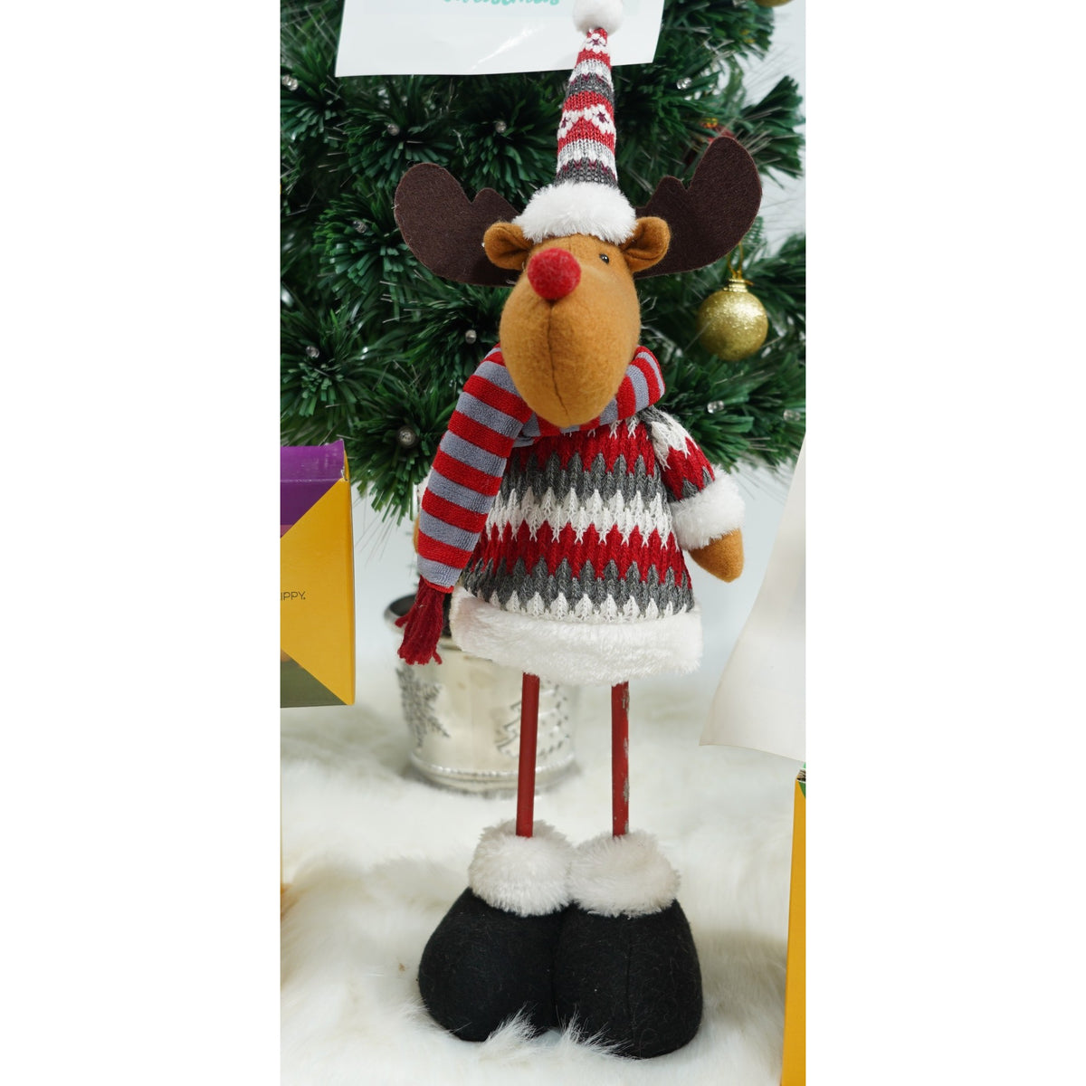 Ren Decorativ De Craciun, Jucarie Figurina Textila, Lana Si Plus, Decor Interior Si Exterior, Maro, 48 x 18 cm