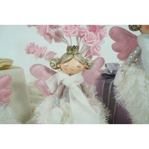 Decoratiune Craciun Ingeras cu Aripi Roz si Coronita Aurie, Figurina de Stat in Picioare, Material Textil Moale, Alb, 34 cm