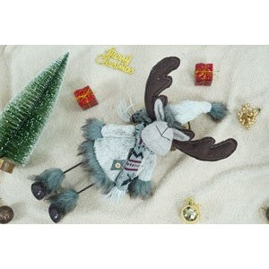 Ornament de Crăciun Ren Mișcător cu Arc, Decorațiune Festivă de Stat în Picioare, Haine din Material Textil Moale, Gri și Alb, 40 cm