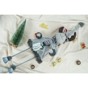 Ornament de Craciun Ren Miscator cu Arc, Figurina Decorativa din Material Textil Moale, Decoratiune de Interior pentru Masa sau Fereastra, Inaltime 73 cm, Gri si Alb