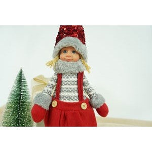 Decoratiune de Craciun Tip Papusa Fetita, Figurina pentru Interior cu Brate si Caciula Modelabile, Material Textil Moale, Rosu si Gri, Inaltime 58 cm