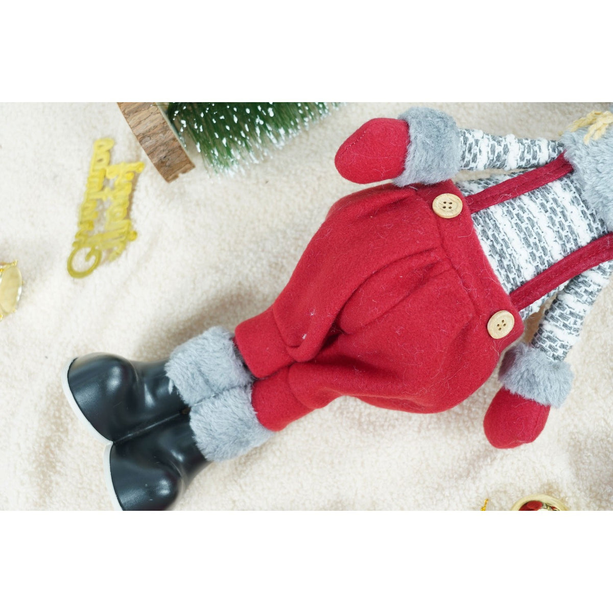 Decoratiune de Craciun Tip Papusa Fetita, Figurina pentru Interior cu Brate si Caciula Modelabile, Material Textil Moale, Rosu si Gri, Inaltime 58 cm