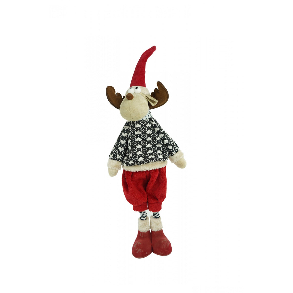 Decoratiune de Craciun Ren cu Pulover si Caciula Rosie, Figurina Stativa din Material Textil Moale, Multicolor, 68 cm