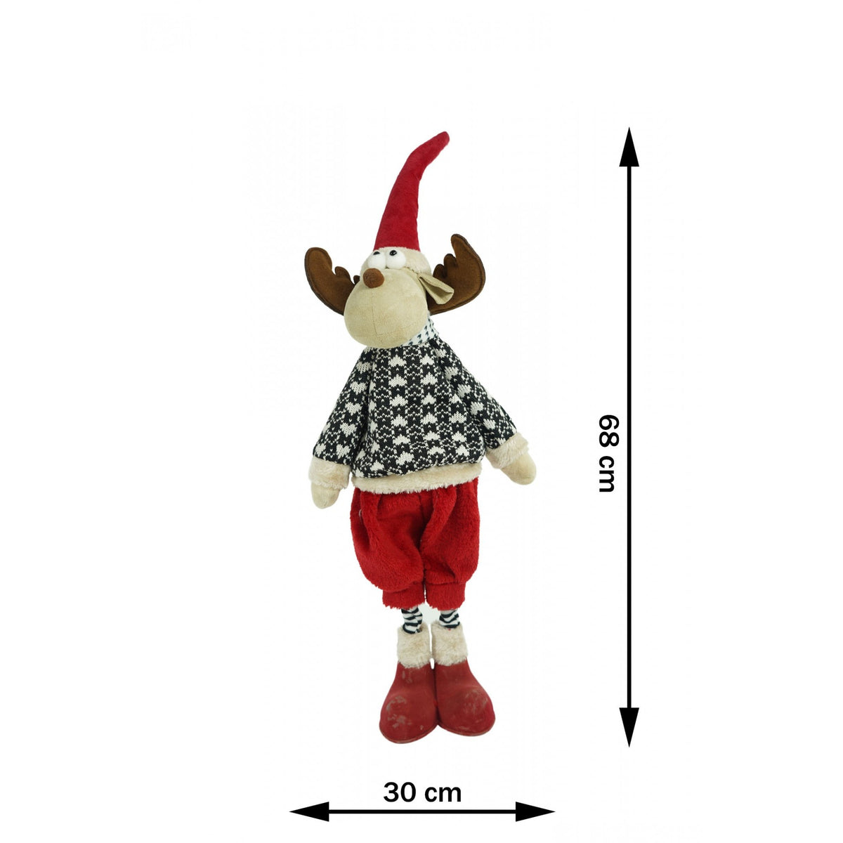 Decoratiune de Craciun Ren cu Pulover si Caciula Rosie, Figurina Stativa din Material Textil Moale, Multicolor, 68 cm