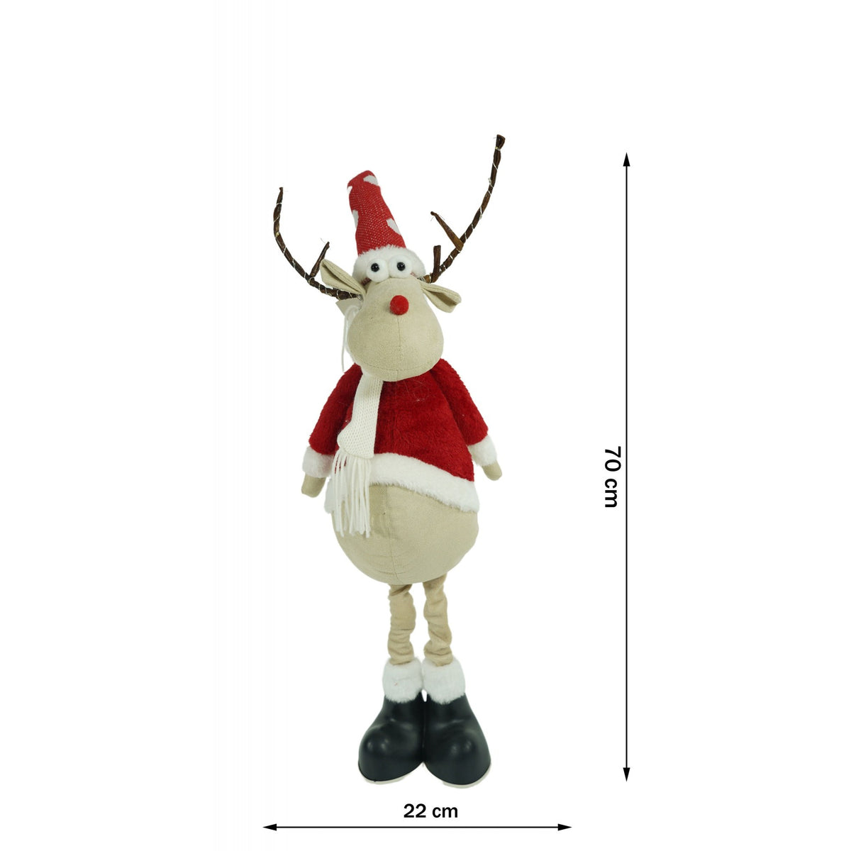 Decoratiune Craciun Ren cu Luminite LED in Coarne, Figurina Stativa Tip Mos Craciun, Material Textil Moale, Rosu si Alb, 70 cm