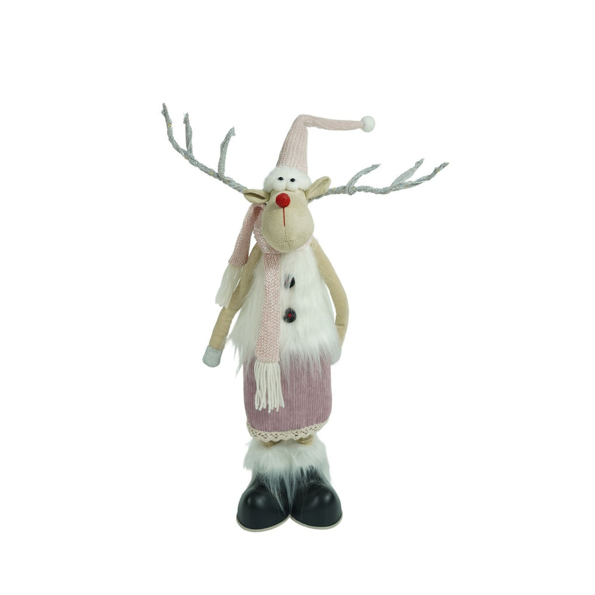 Decoratiune Craciun Ren Cu Picioare Telescopice, Figurina Festiva Reglabila Pe Inaltime, Material Textil Moale, Roz Si Alb, 72 cm
